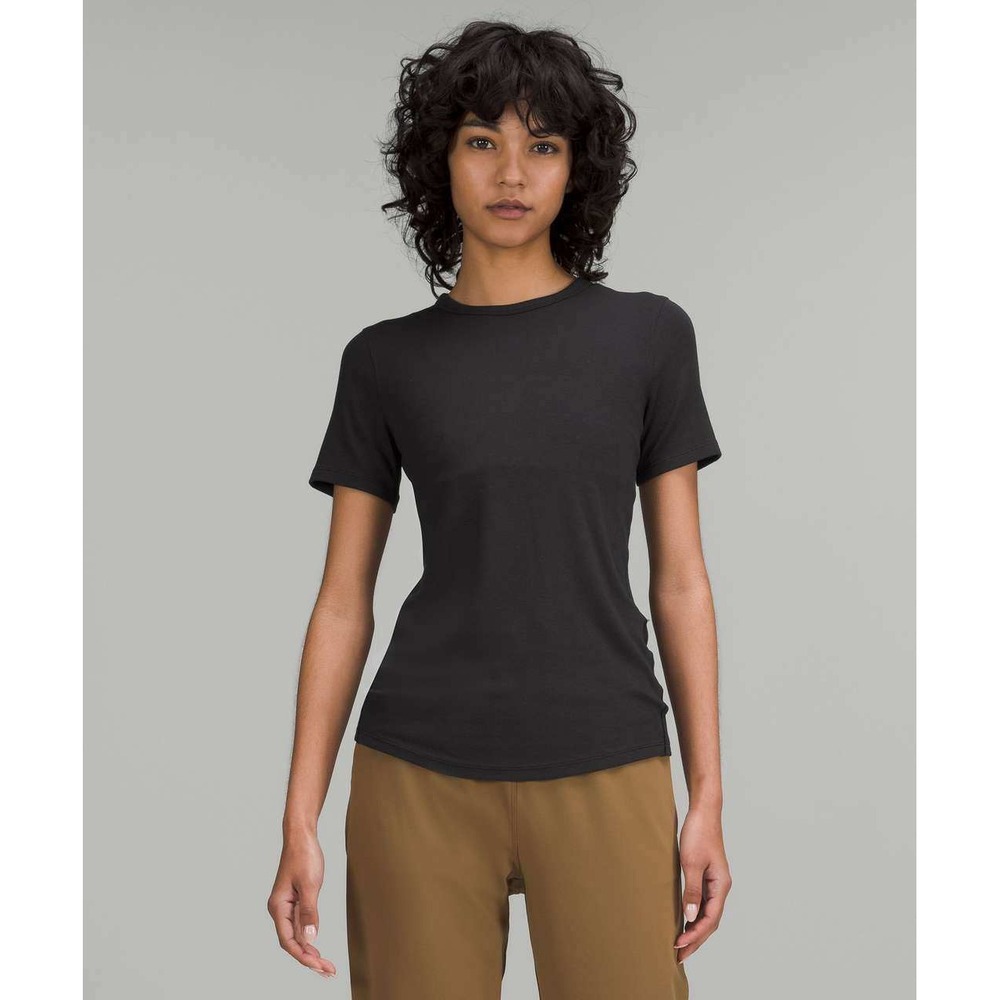 Lululemon Black Hold Tight Short Sleeve Shirt Ribbed Crew Neck Curved Hem Top